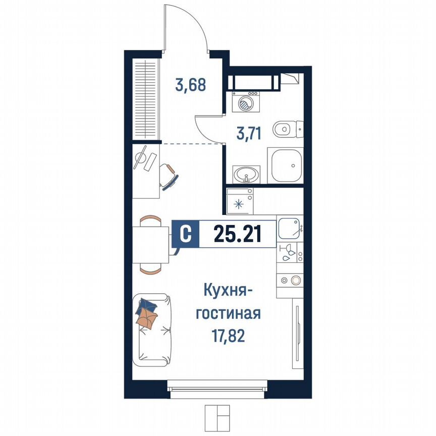 Квартира-студия, 25,2 м², 13/18 эт.