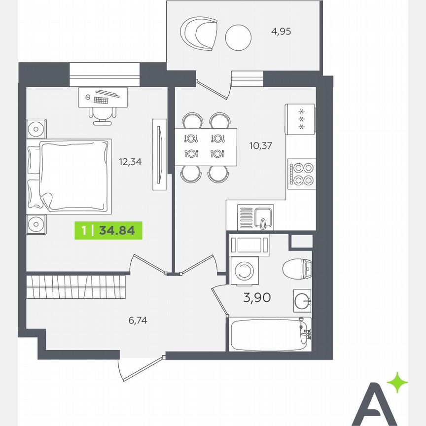 1-к. квартира, 34,8 м², 5/12 эт.
