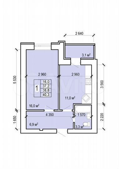 1-к. квартира, 40,3 м², 2/10 эт.