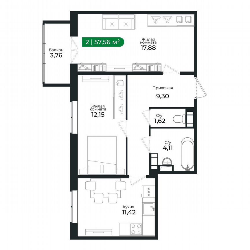 2-к. квартира, 57,6 м², 7/8 эт.