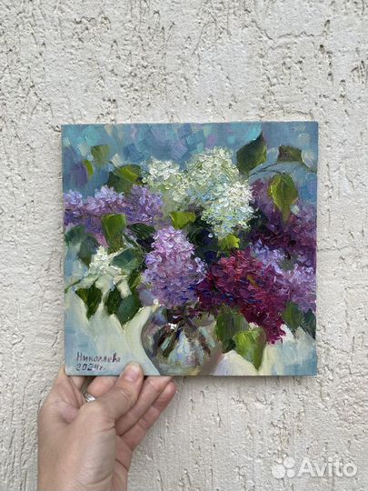 Картина маслом «Сирень» 20*20, холст на картоне