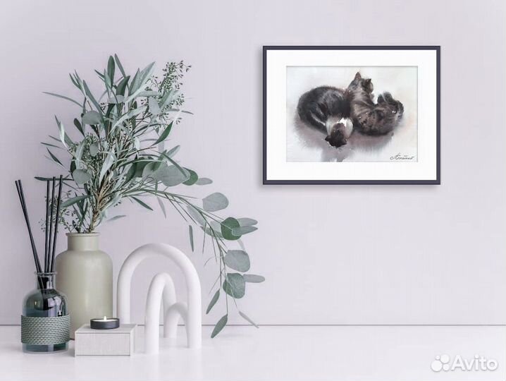 Картина акварелью. Спящая пара кота и кошки