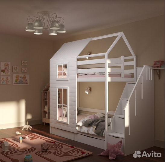Детская кровать 2 яруса с бортиками домик