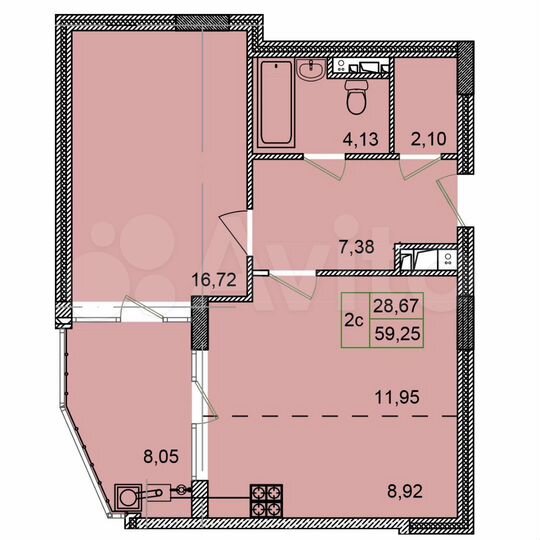2-к. квартира, 59,3 м², 1/8 эт.