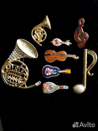 Винтажные брошки музыкальные инструменты, клуазоне