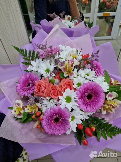 Роза, букет, хризантемы