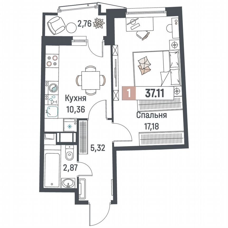 1-к. квартира, 37,1 м², 14/18 эт.
