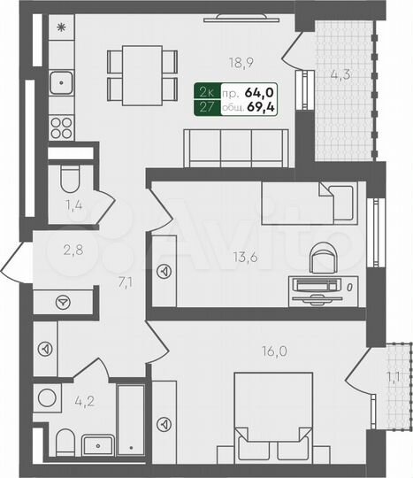 2-к. квартира, 69,4 м², 3/4 эт.