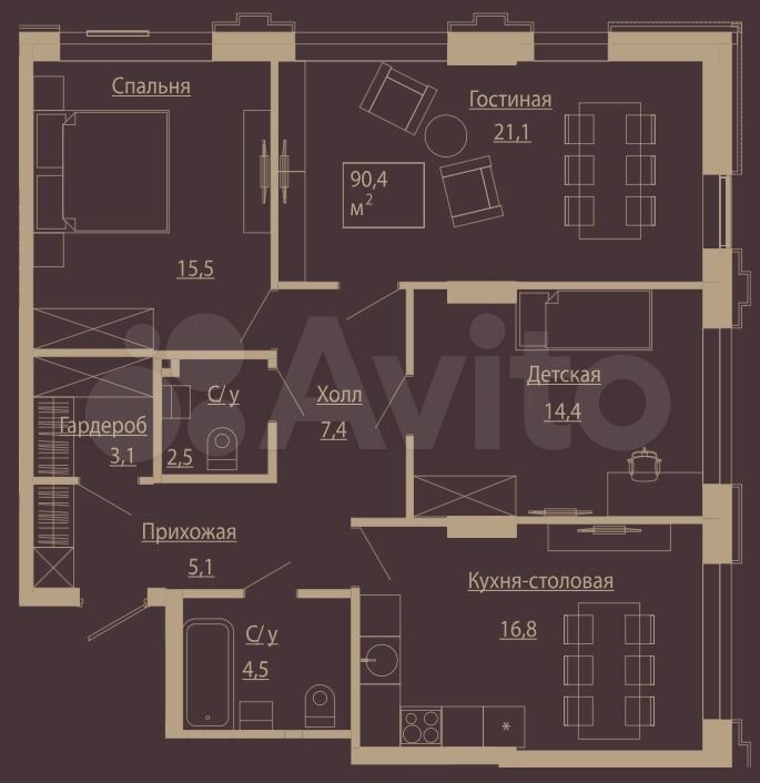 4-к. апартаменты, 90,4 м², 3/14 эт.