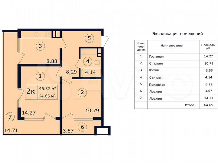 3-к. апартаменты, 72,9 м², 2/14 эт.