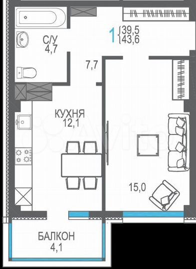 1-к. квартира, 43,6 м², 5/9 эт.
