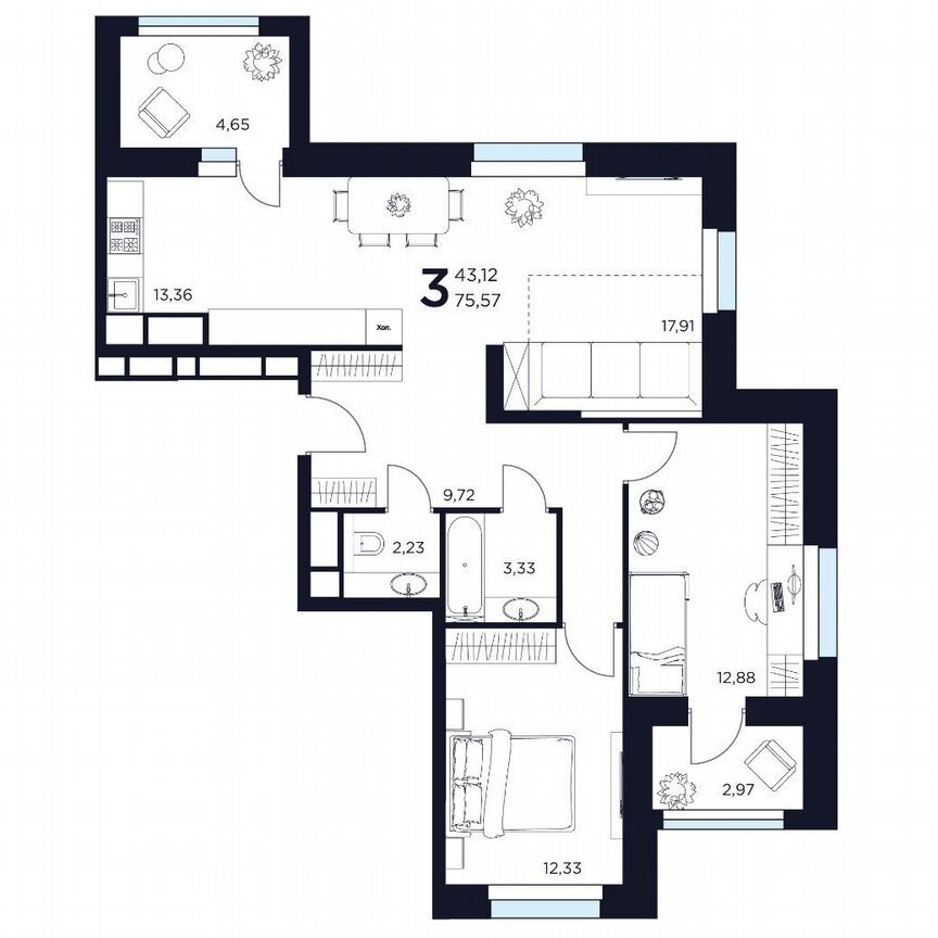 3-к. квартира, 75,6 м², 2/8 эт.