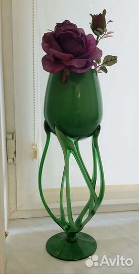 Ваза бокал подсвечник зеленое стекло Польша винтаж