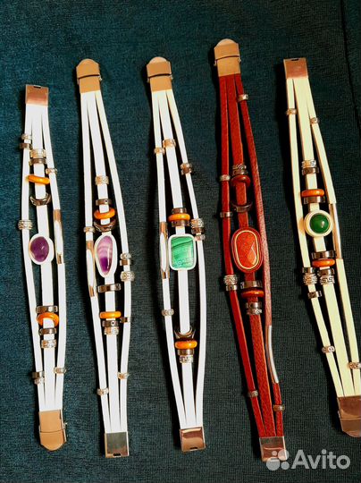 Браслеты кожа натуральный камень малахит аммонит