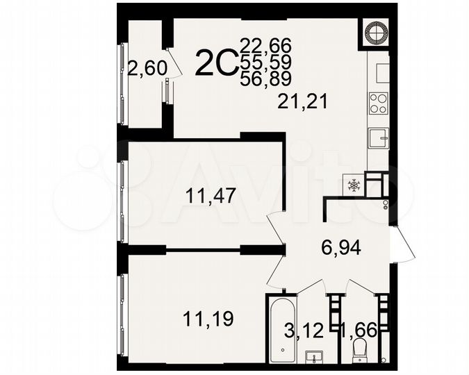 2-к. квартира, 56,9 м², 1/25 эт.