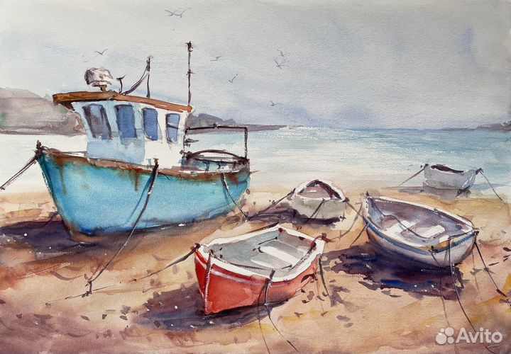 Картина для интерьера. Акварель. Лодки