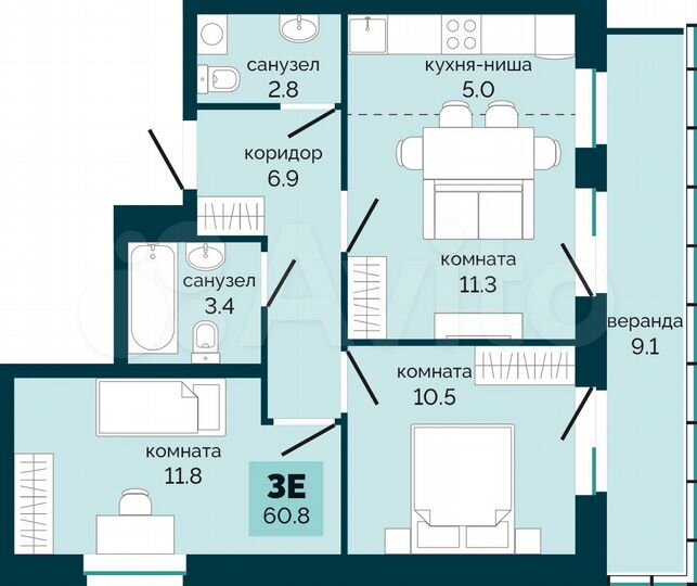3-к. квартира, 60,8 м², 3/10 эт.
