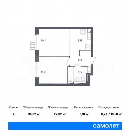 2-к. квартира, 35,8 м², 7/17 эт.