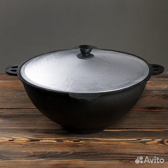 Казан чугунный, 10 л, плоское дно, алюминиевая кры