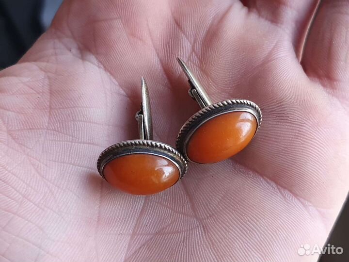 Янтарные запонки СССР серебро