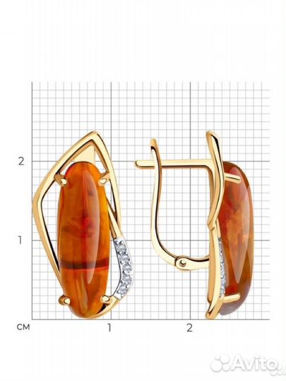 Золотые серьги с янтарем и фианитами