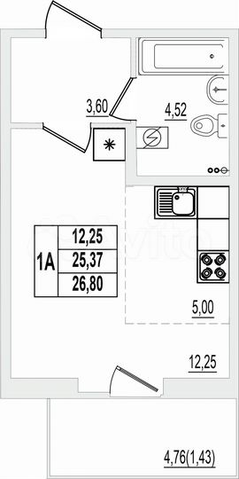 Квартира-студия, 26,8 м², 1/9 эт.