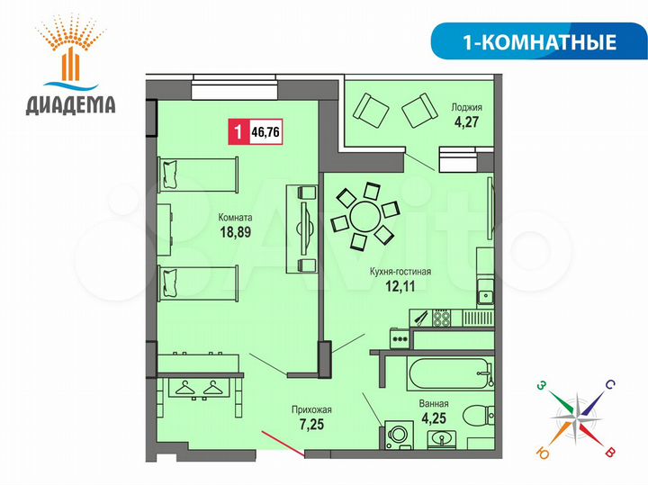 1-к. квартира, 46,8 м², 6/22 эт.