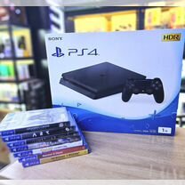 Sony Playstation 4, Slim, 1 тб, 2 джойстика, игры