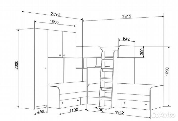 Кровать детская для троих детей со шкафом Сонома/С