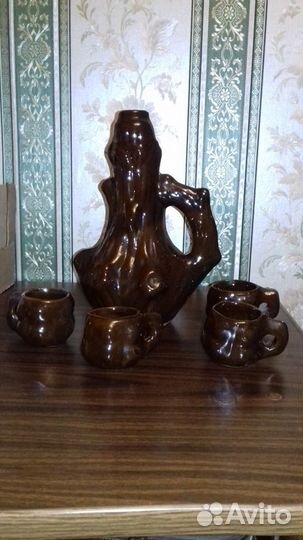 Глиняный кувшин с 4 чашками. СССР