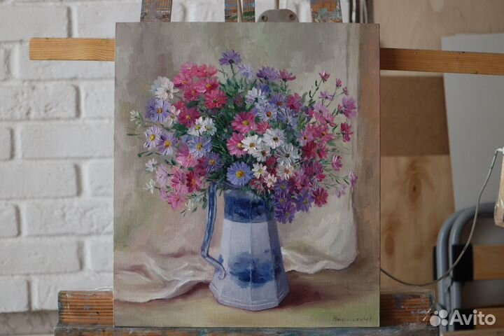 Картина маслом Цветы Ромашки 35x40см холст картон