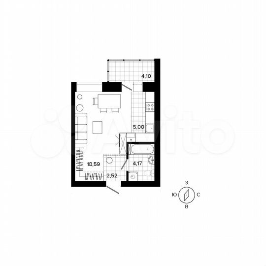 1-к. квартира, 30,2 м², 1/4 эт.