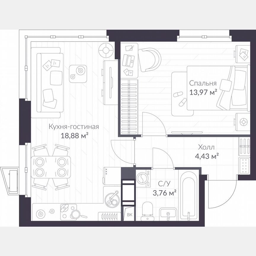 1-к. квартира, 41 м², 3/11 эт.