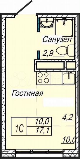 Квартира-студия, 17,1 м², 5/13 эт.