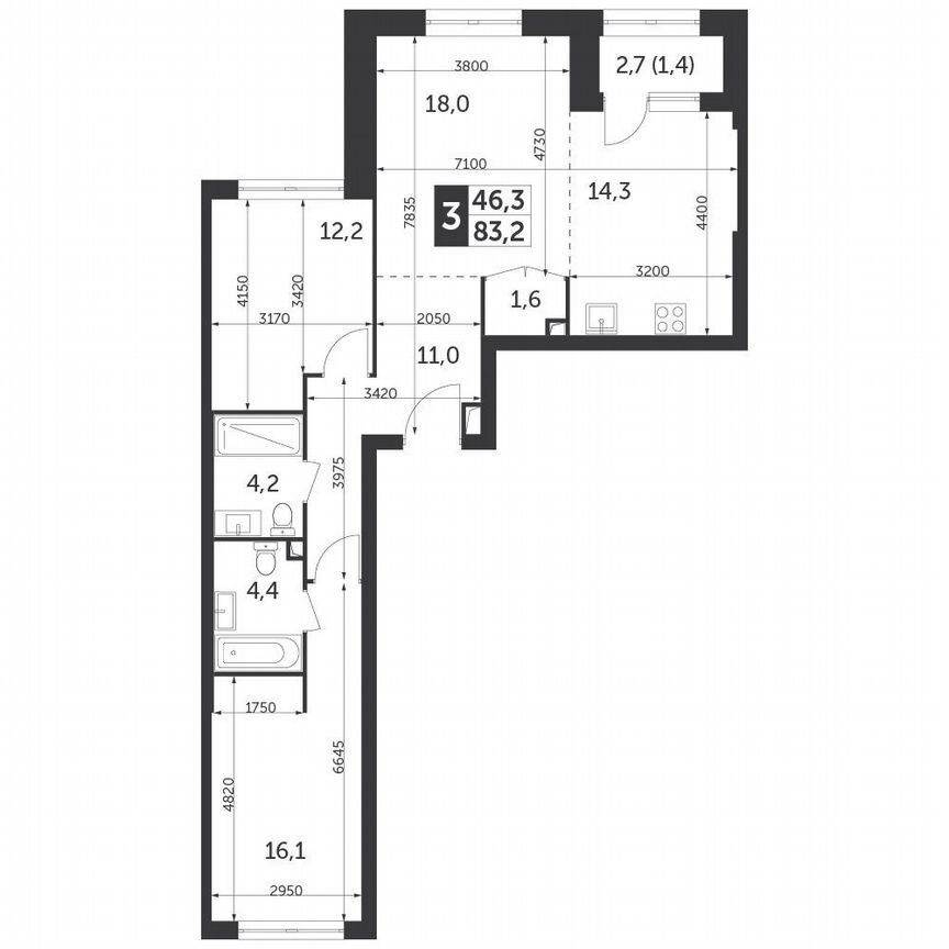 2-к. квартира, 83,2 м², 4/4 эт.