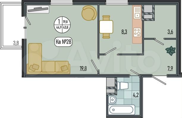 1-к. квартира, 44 м², 4/7 эт.