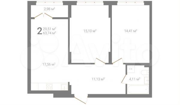 2-к. квартира, 63,8 м², 2/23 эт.