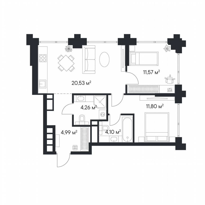 2-к. квартира, 57,3 м², 24/25 эт.