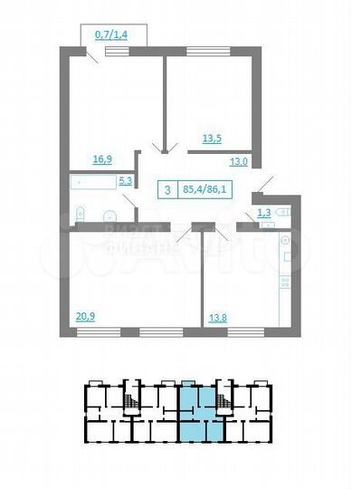 3-к. квартира, 85,4 м², 1/3 эт.