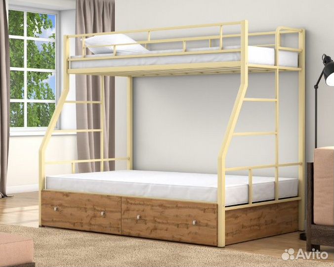 Двухъярусная кровать с полкой и ящиками Коричневый