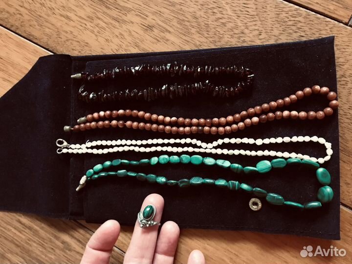 Бусы кольцо малахит гранат жемчуг натуральные