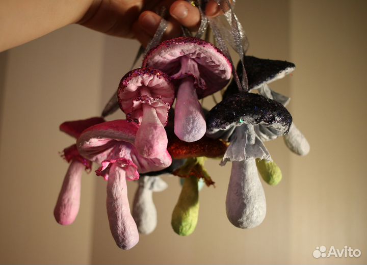 Ватная елочная игрушка гриб ручной работы