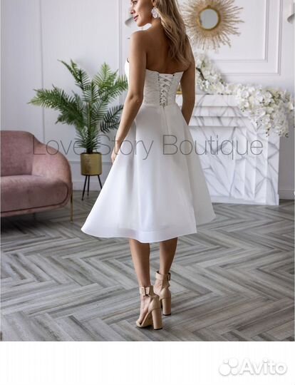 Белое платье миди (новое) свадебное