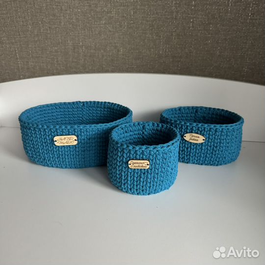 Корзинки вязанные бирюза, серый