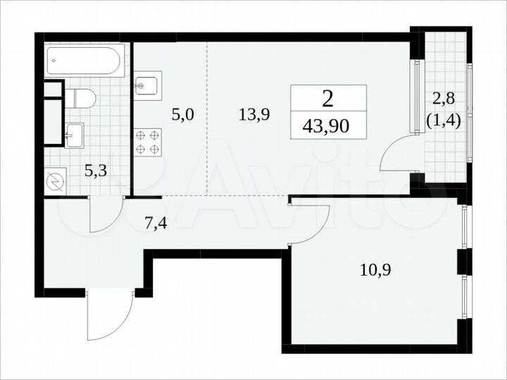 2-к. квартира, 43,9 м², 13/30 эт.