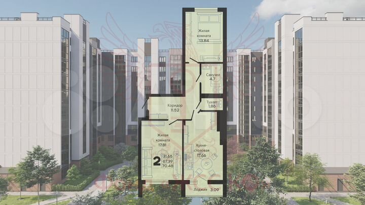 2-к. квартира, 69,4 м², 6/10 эт.