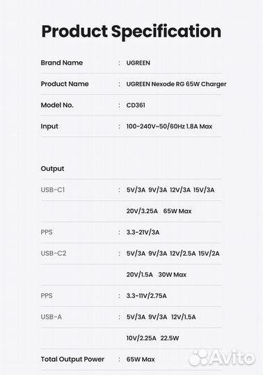 Зарядное устройство ugreen Nexode Robot Gan 65 Вт