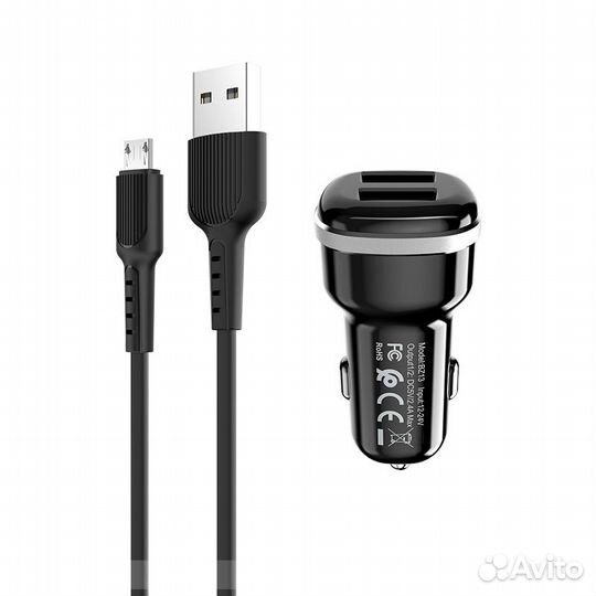 Автомобильное зарядное 2USB 2,4A + кабель Micro 1m