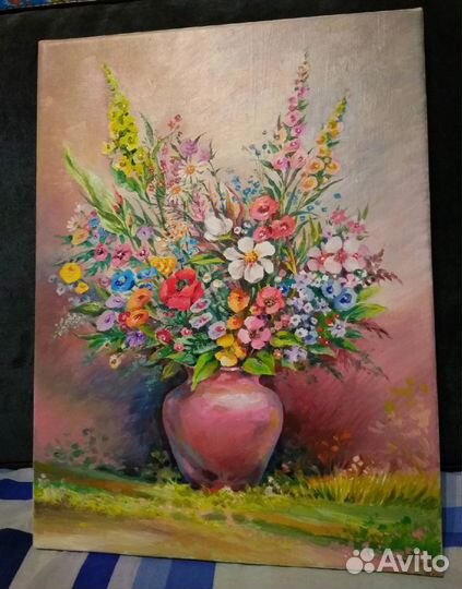 Картина маслом Букет полевых цветов на траве