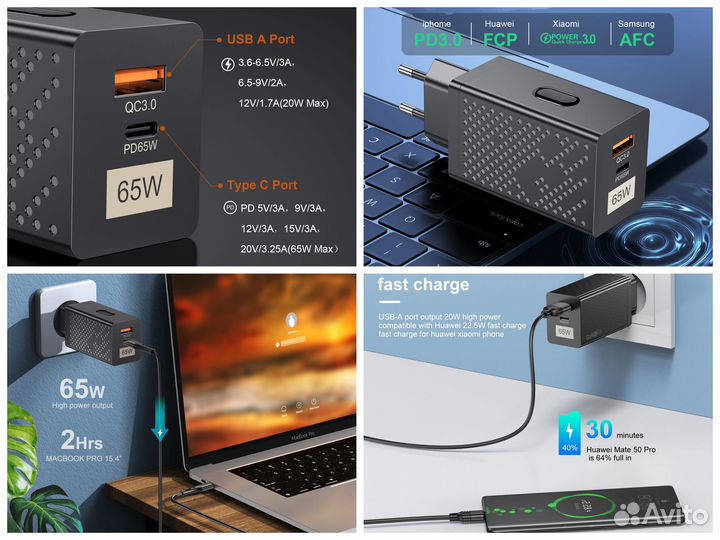 Зарядное устройство GaN Type C 33 65 100 Вт QC PD